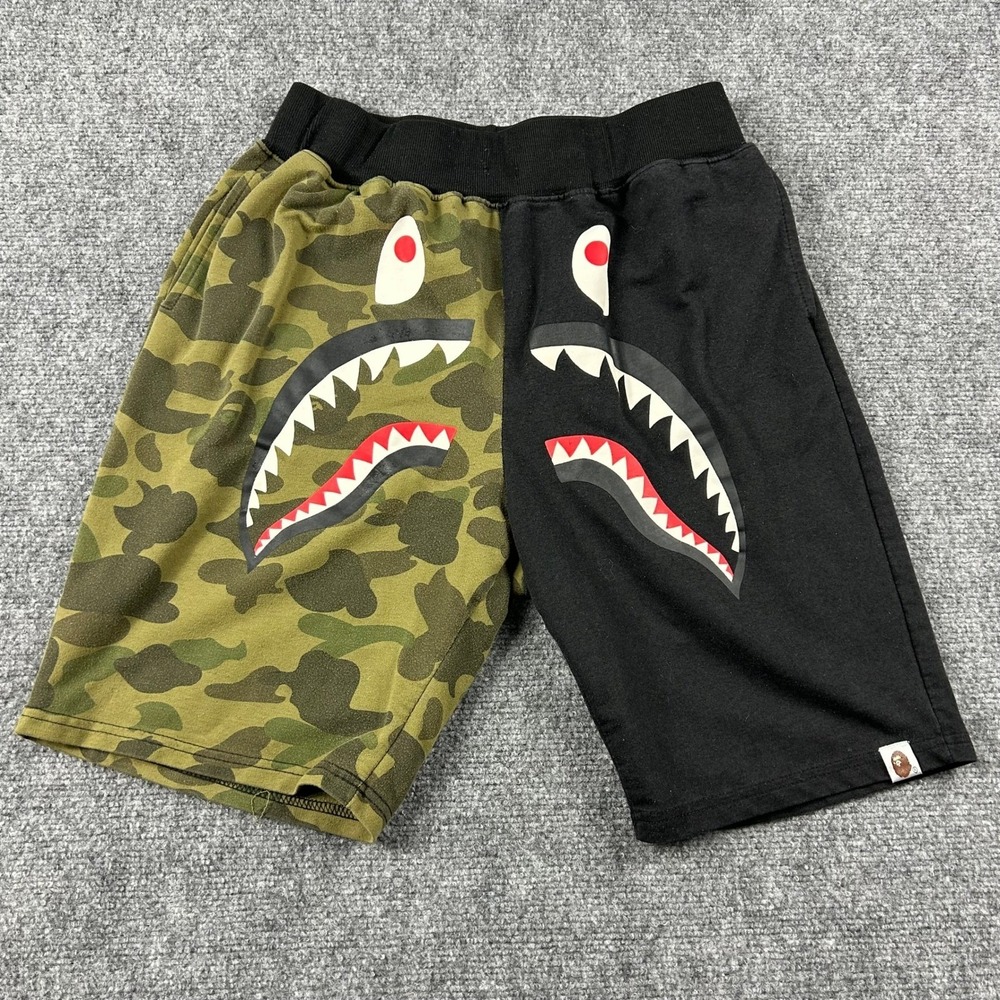 A Bathing Ape Shark Sweat Shorts Mens L Green Camo Black Split Streetwear BAPE